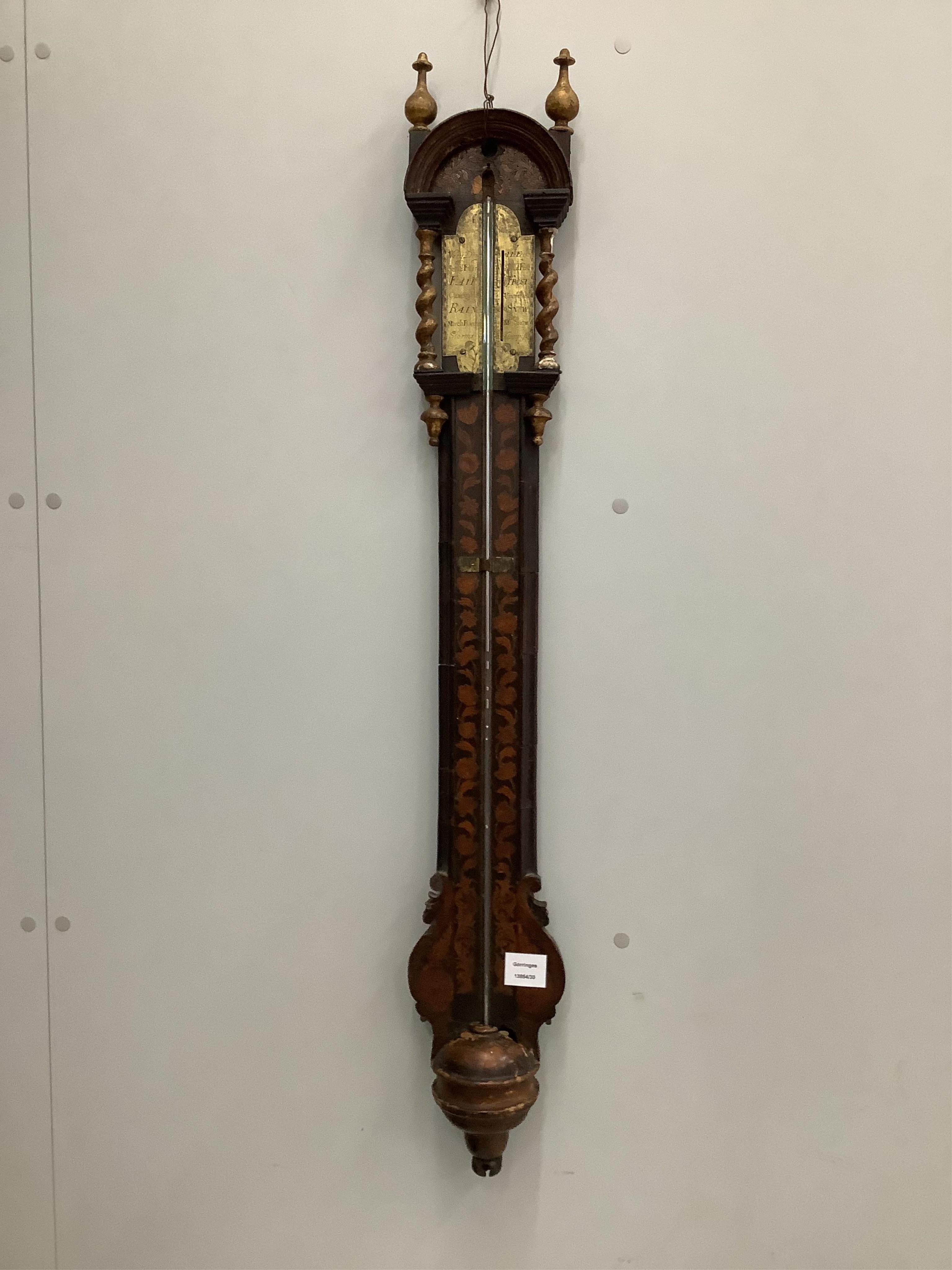 A 19th century Dutch floral marquetry inlaid stick barometer, height 110cm